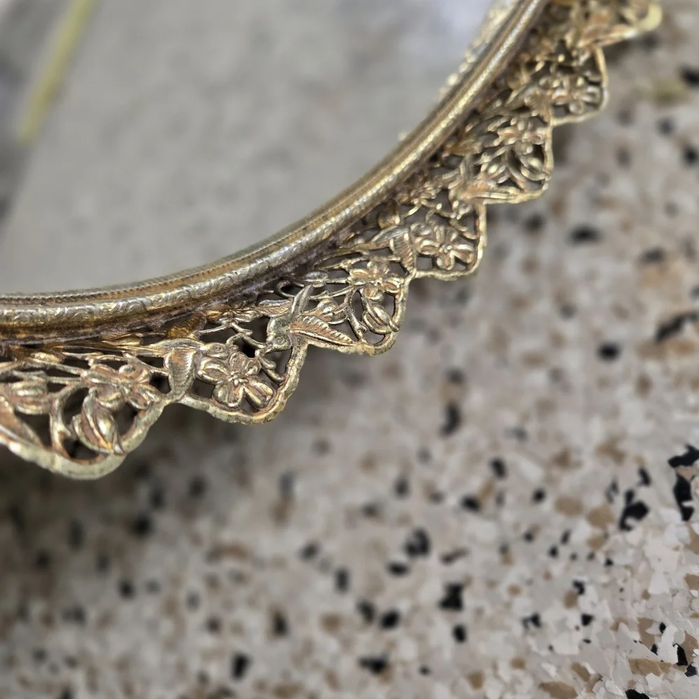 Vintage Hollywood Regency Vanity Mirror Tray Gold Tine Edge Oval 16x11.5